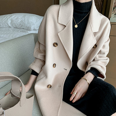 Suit Collar Long Sleeve Double Breasted Mid-Length Double-sided Cashmere Women's Coat Jacket Pure Wool Woolen Water Ripple