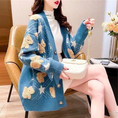 2021 Autumn Winter New Fashion V-Neck Sweater Loose Cute Bear Sweater Knitted Cardigan Coat