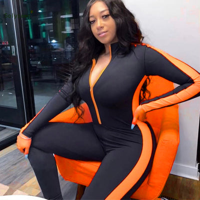 Winter Long Sleeve Side Neon Orange Stripe Bodycon Fitness Jumpsuit Women Black Zip Romper Tracksuit Overalls Bodysuit Sportwear