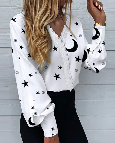 2022 Summer Autumn Women's Elegant Fashion Printed Lace Casual Shirt Casaul V Neck Floral Printed Long Sleeve T-shirt New Blouse