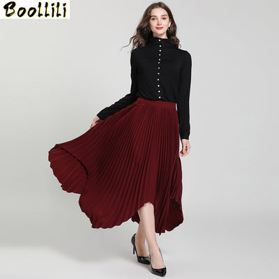 Boollili Summer Long Women&#39;s Skirt Elegant Pleated Skirt Wine Red Spring Skirts Womens Korean Faldas Mujer Moda 2021