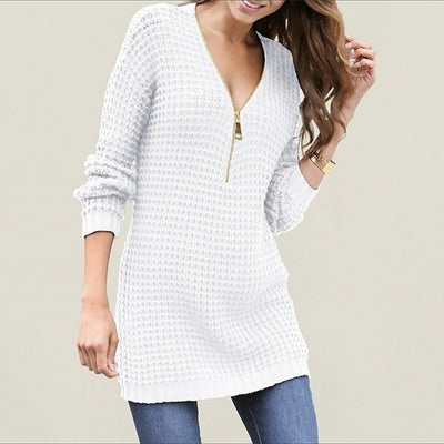 Autumn 2021 Women&#39;s Long-sleeve Sweater Women&#39;s European and American Mid-length Pullover Zip-up V-neck Sweater Dress