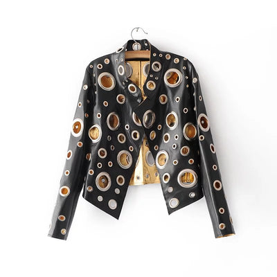 Short Women Slim American Fashion Personality Hollow Hole Rivet Rock Faux Leather Jacket Motorcycle Biker PU Leather Jacket