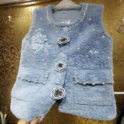 High-end pearl small fragrance warm fur vest women winter thick warm flower button outwear