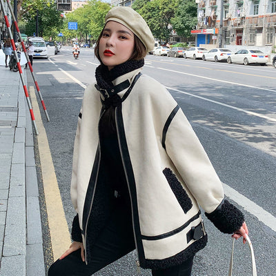 Lambs Wool Woman Winter Coat Leather Patchwork Warm Loose Streetwear Tutleneck Korean Fashion Winter Jacket Female Outwear