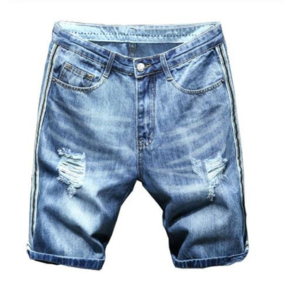 New Men's male fashion casual stripe lines patchwork ripped shorts Summer knee length holes thin denim jeans