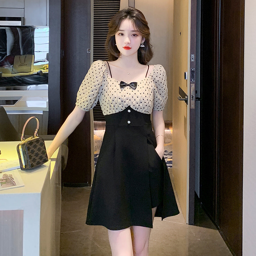 Women New Polka Dot Patchwork Bowknot Top &amp; Short Sets Summer New Split Square Collar Blouse +Shorts Two Pieces Sets