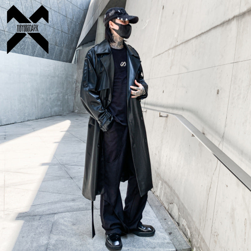 Men Hip Hop Long PU Leather Trench Jacket Windbreaker 2022 Autumn Black Waterproof Long Jacket Coat Harajuku Trench