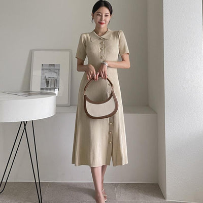 Summer Vintage Elegant Knit Long Dress Women 2022 Single-breasted Slim Fashion Ladies Dresses Short Sleeve Stylish Split Dress