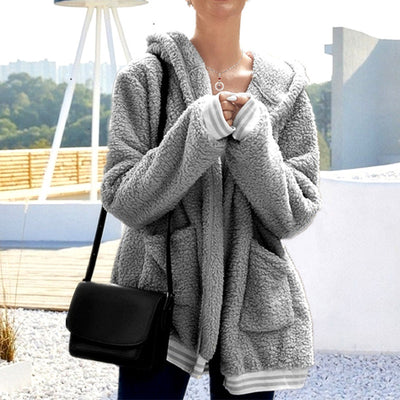 Hooded Thick Plush Coat For Women Pockets Solid Loose Casual Women&#39;s Jacket 2021 Autumn Winter New Ladies Warm Coats S-5XL