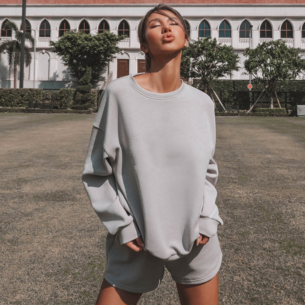 2021 Women Two-piece Clothes Set Solid Color Round Collar Long Sleeve Tops and Elastic Waist Shorts, Khaki/ Pale Yellow/ Grey