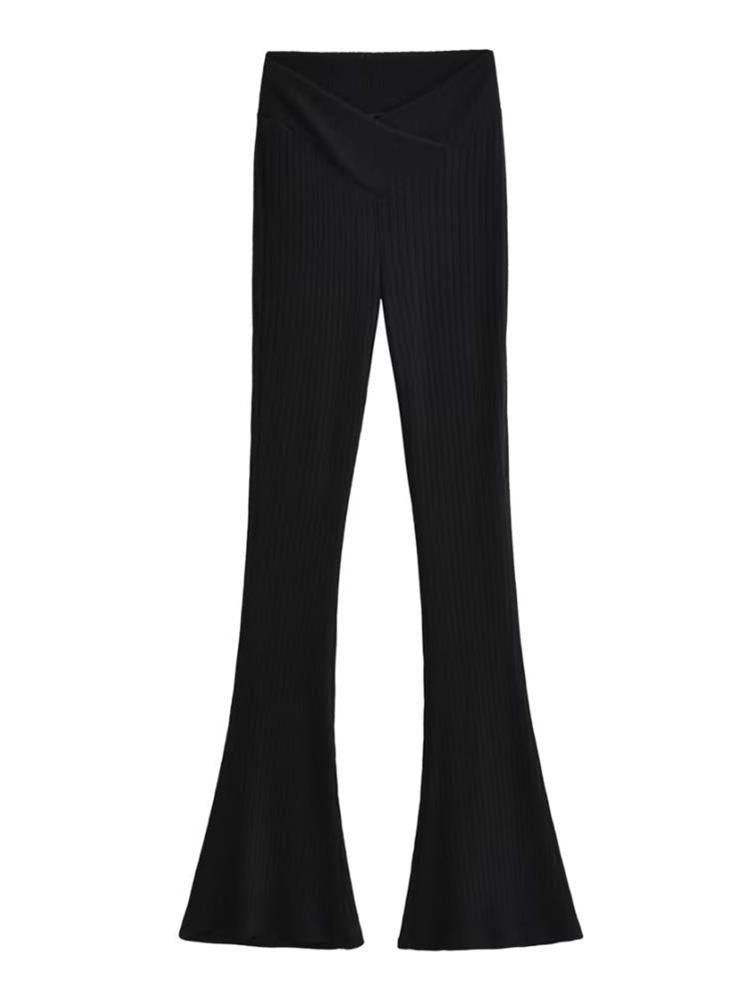 ZXQJ Women 2022 Fashion Solid Color Fitted Knitted Bell-Bottomed Pants High Waist Slim Legging Long Trousers Streetwear