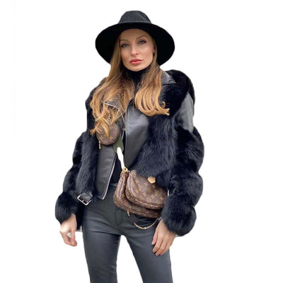 Autumn And Winter Warm Fashion Women's Short Coat Stitching Black Fur One-Piece Faux Fur Long-Sleeve Outwear Y823