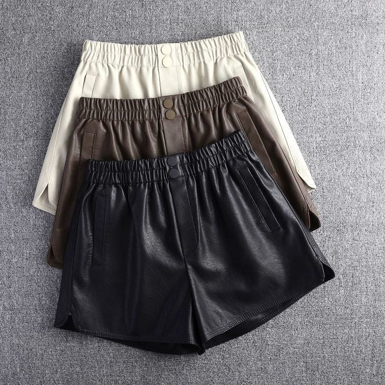 Woman High Waist Wide Leg Shorts A-line Elegant Faux Leather Short Bottoms Ladies Casual Loose Button Autumn Shorts Pants G155