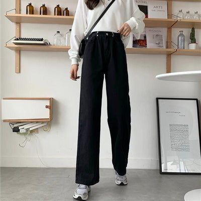 women jeans 2022 spring autumn new high-waisted wide-leg pants preppy loose drape mopping straight bootcut trousers simple trend