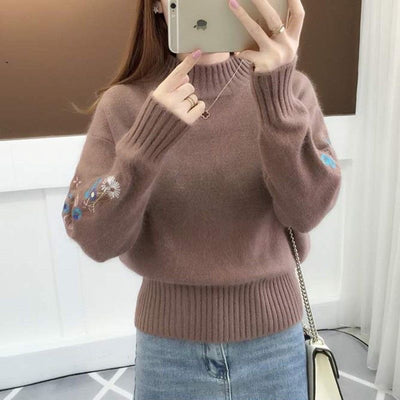 Winter Fashion Women Sweater Long Sleeve Embroidery Turtleneck  Mujer Moda 2021 Solid Color Warm Soft Pullover