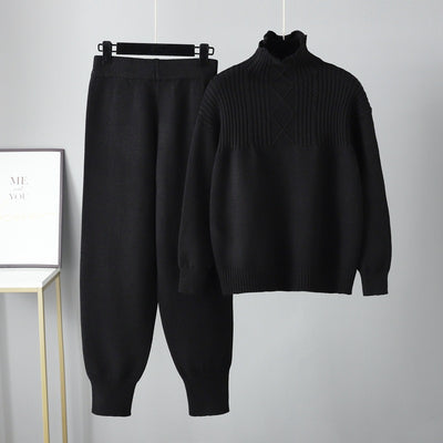 Two-piece Sets Winter Oversized Drop Sleeve Cashmere Knit Thick Loose Turtleneck Sweater Tracksuits Wide Leg Pants Suit Women