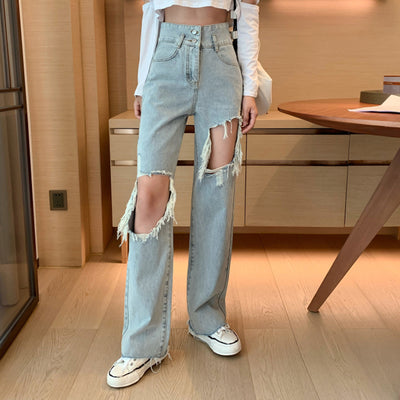 Light Blue Denim Trousers Retro Wide-leg Pants Women&#39;s Ripped Trousers High Waist Casual Jeans Women 2021 Spring Summer