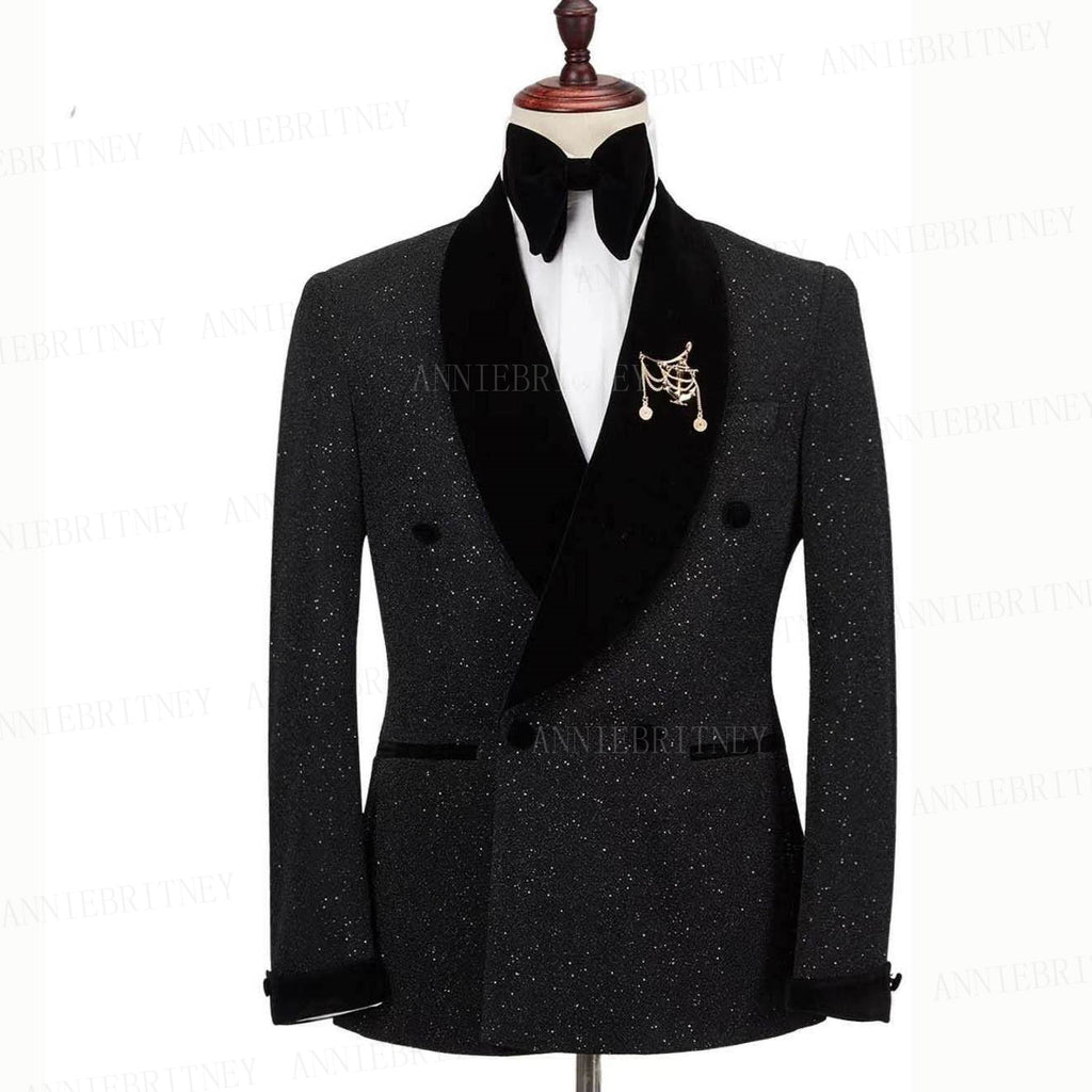 2022 Shiny Suits For Men Wedding Party Luxury Jacket Set 2 Piece Velvet Shawl Lapel Male Blazer Trouser Set Custom Made Groom