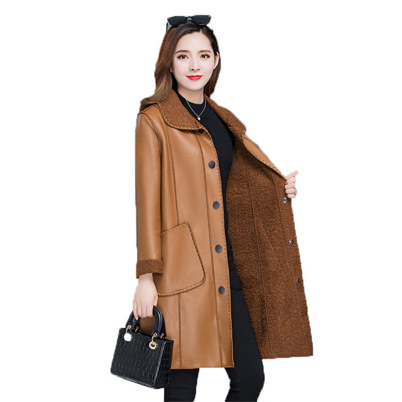 Winter warmth faux leather moto coat women black Brown tops PU jacket 2021 new lapel leisure fashion plus thick coat