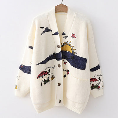 Cartoon Print Knitted Cardigan women's Jacket 2021 Autumn Korean Loose V Neck Sweater Coat Front Pocket Women's Cardigans