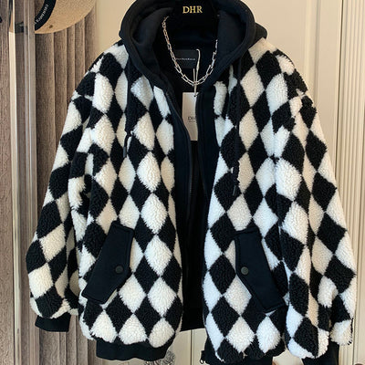 Winter new warm retro checkerboard lamb wool coat women personality street casual hooded loose fake two-piece female jacket coat