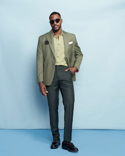 Men Suits Jacket Slim 2 Piece Outfit/Multiple Pockets Unique Design Green Blazer Dark Green Pants Casual Daily Men's Clothes Set