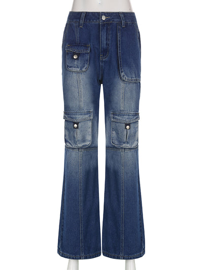 Rapcopter Y2K Zipper Pocket Denim Jeans Women Distressed Button Blue Trousers Loose Wide Leg Summer Joggers Vintage Streetwear