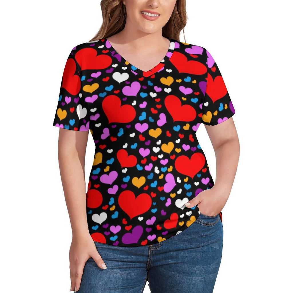 Red Heart Print T Shirts Poker Symbol Basic V Neck T-Shirt Short Sleeve Pretty Plus Size Tees Beach Pattern Tops Birthday Gift
