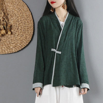 Sprin Autumn Women Tang Tops Long Sleeve Hanfu Chinese Style Blouse Female V-neck Tang Suit Cotton Linen Shirt Tang Coat