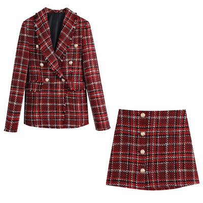 Fashion Tweed Plaid Blazer Suit Two Piece Set 2021 Women Double Breasted Casual Office Blazer High Waist Mini Skirt Suits Slim