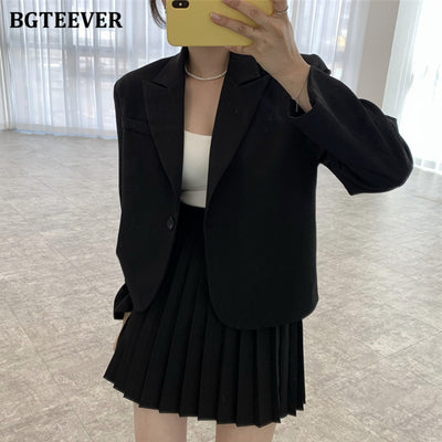 BGTEEVER Casual Chic Women Skirt Suits Notched Collar Single Button Suit Jacket & Pleated Mini Skirts Summer 2 Pieces Blazer Set