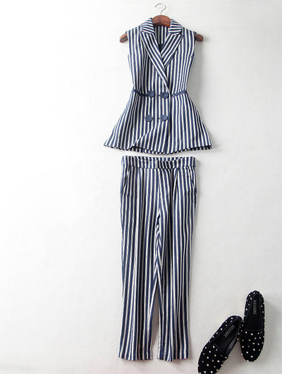 Free Shipping New Spring Summer Women's Fashion Striped Sleeveless Suits + Pockets Shorts 2 Pieces Sets Conjunto Feminino