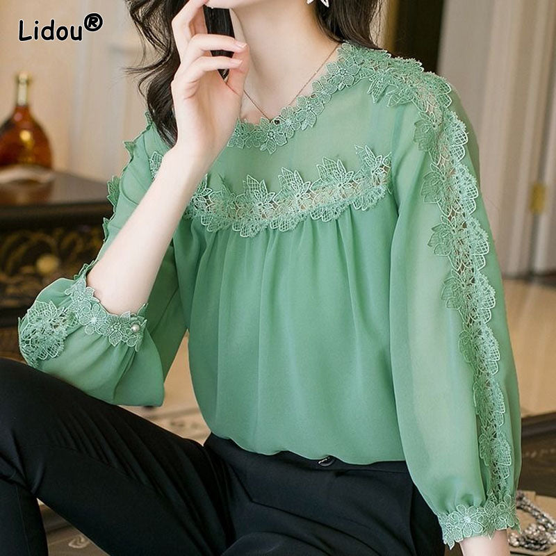 Office Lady Loose Lace Chiffon Women&#39;s Clothing Spring Summer Solid Thin O-Neck Pullover Women Shirt Retro Skin Friendly Trend