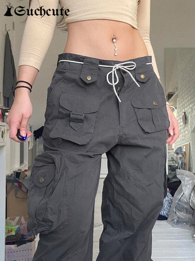 SUCHCUTE Hip Hop Side Pocket Cargo Jeans Women Gothic Streetwear Grunge Wide Leg Denim Trousers Harajuku Vintage Baggy Pants 90s