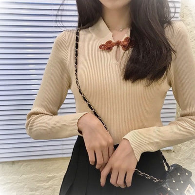 Retro Chinese Style Knitted Sweater Women Disc Button Hollow Slim Long-sleeved Bottoming Shirt Top