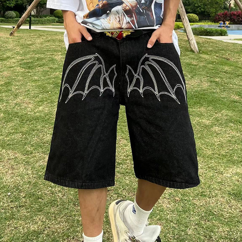 E BOY Hip Hop Washed Retro Summer Jeans Mens Pockets Straight Oversized Casual Five Point Pants Loose Harajuku Streetwear Shorts