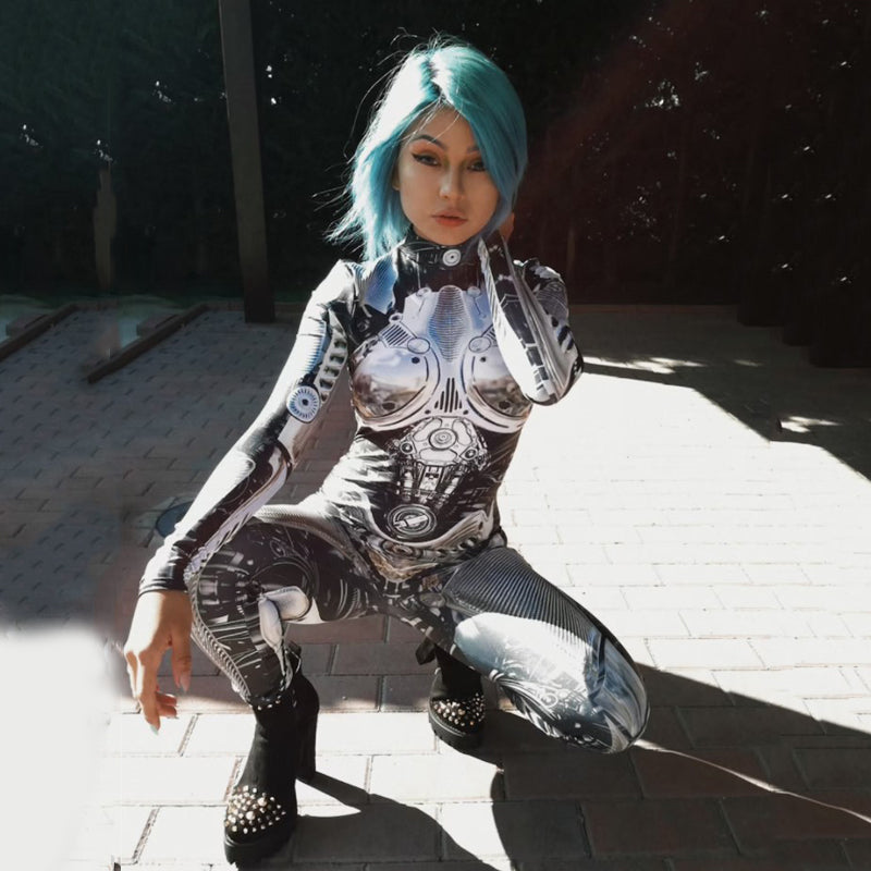 Halloween Women Plus Size Robot 3D Print Sexy Bodysuits Female Long Sleeve Cosplay Jumpsuit Punk Style Scary Masquerade Costume