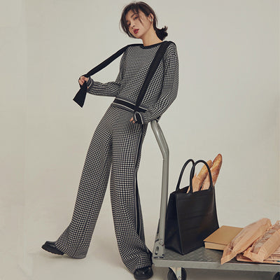 2021Autumn and Winter Ladies Leisure Sports Suit Houndstooth Knitted Sweater Straight Leg Pants Wide Leg Pants