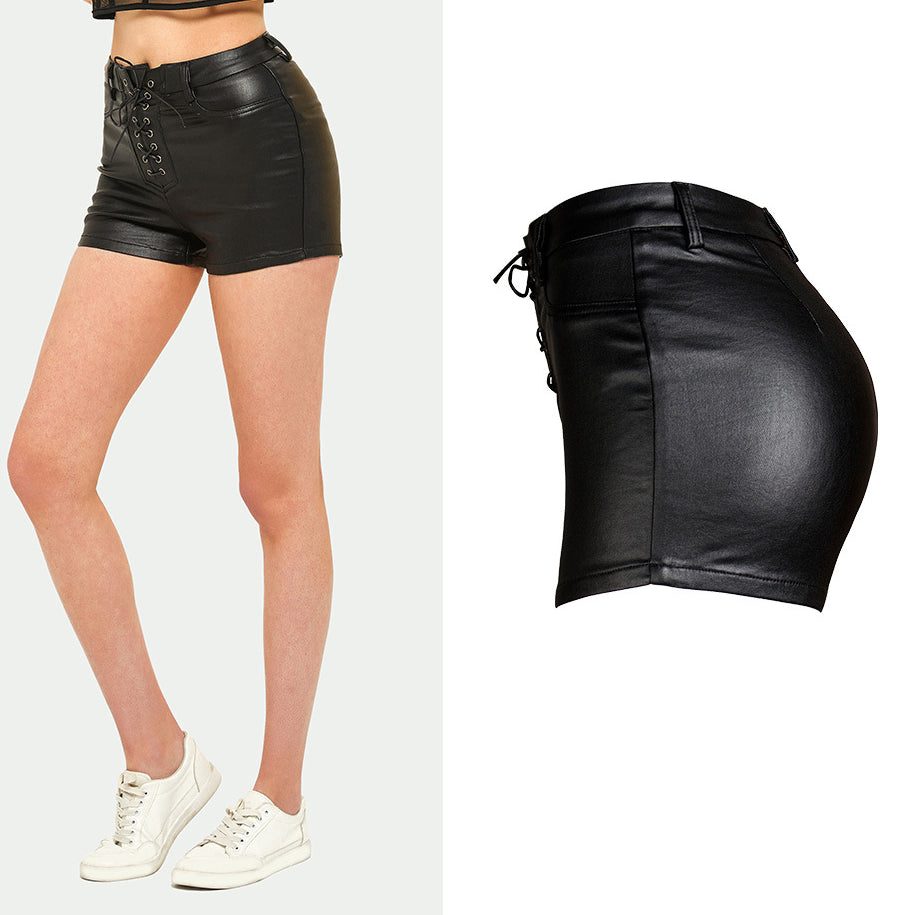 LOGAMI Sexy Black PU Leather Shorts High Waist Elastic Imitation Leather Women Shorts
