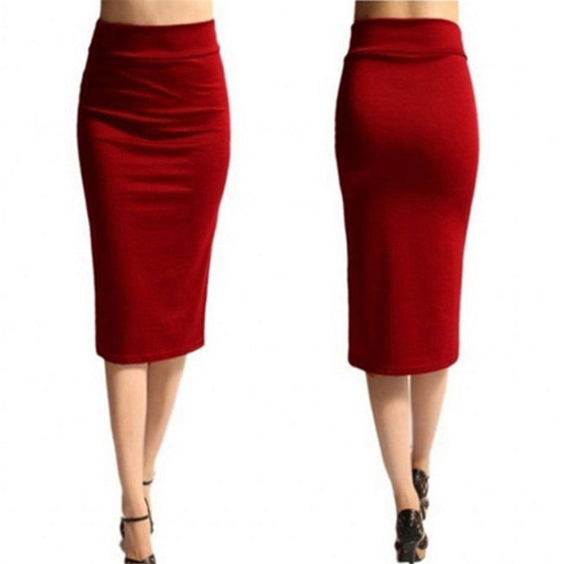 Stretch Slim Skirts Womens Elastic High Waist Bodycon Skirts Solid Color Mid-Calf Office Pencil Skirt Lady Rib Maxi Skirts