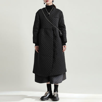 XUXI 2021 Winter Quilted Over The Knee Cotton Clothes Women Loose Draw-Back Simple Splicing Long Sleeve Coat E4637