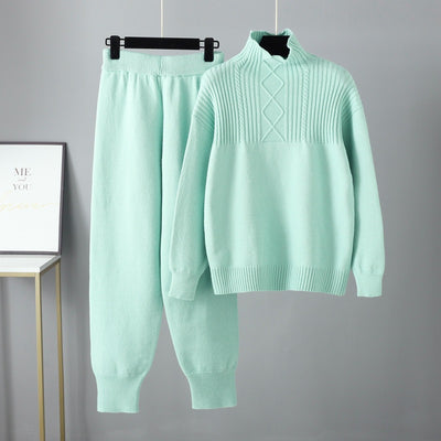 Two-piece Sets Winter Oversized Drop Sleeve Cashmere Knit Thick Loose Turtleneck Sweater Tracksuits Wide Leg Pants Suit Women