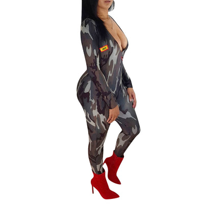 AHVIT Camouflage Mouth Printed Casual Sexy Women Playsuits Long Sleeve Skinny Nightclub Romper 5242