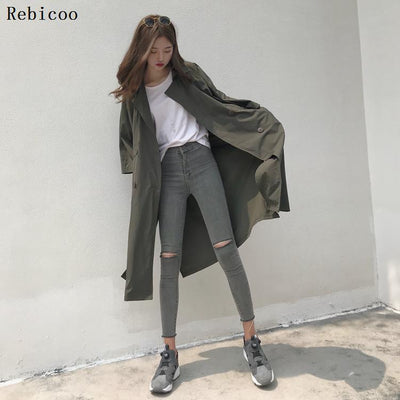 Trench Women Solid Simple All-match Loose Leisure Long Three Quarter Sleeve Coats Womens Retro Korean Style Trendy Ladies Chic