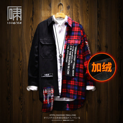 Fashion Brand Stitching Plaid Long-Sleeved Shirt Men's Trendy Men's Fleece-Lined Thermal Long National Fashion Shirt Coat Men's