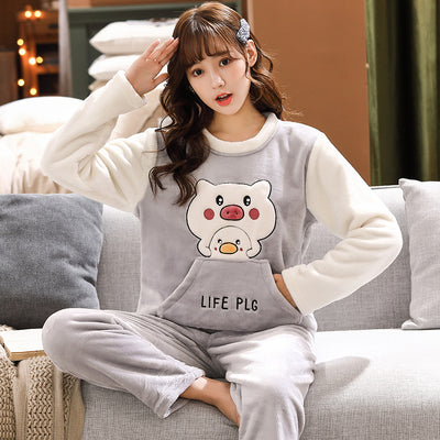 Lovers pajamas for men full sleeve flannel pijama couple pajama for women cartoon print sleepwear sets winter pijamas mujer XXXL