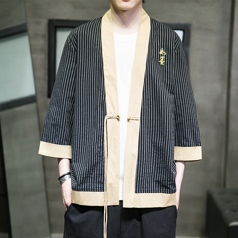 Chinese Style Spring Summer Stripe Shirt Men Vintage Long Sleeve Blouse Fashion Tang Suit Harajuku Kimono Cardigan Yukata M-5XL