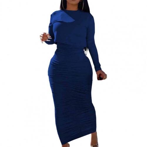 2pcs Solid Color Dress Sets Women O-Neck Long Sleeve Crop Top Maxi Skirt Two Peice Set Women Skinny Dress Suits Костюмы с юбкой