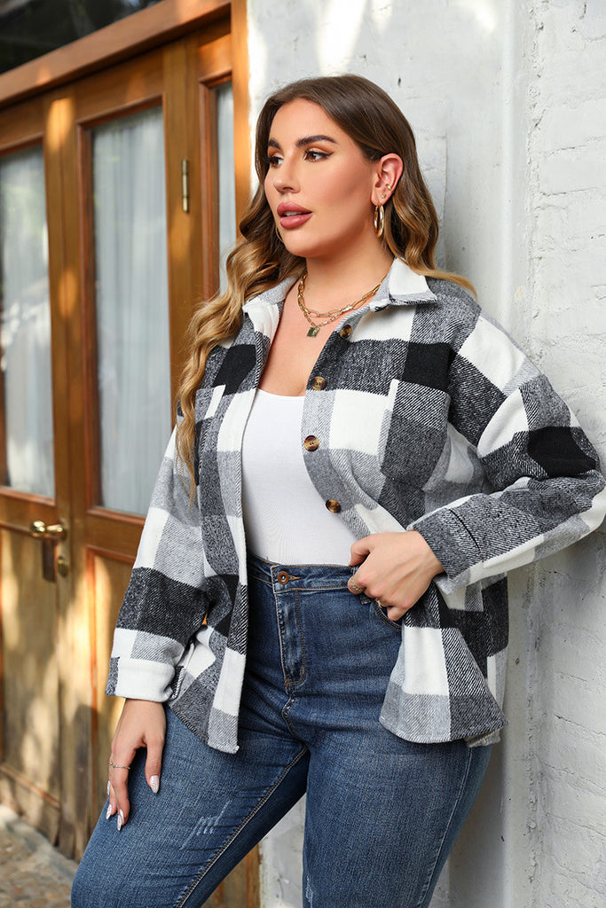 2022 Women Plus Size Fall Shirts Casual Plaid Coat Spring Casual Drop Shoulder Coat Single Breasted Patch with Pocket